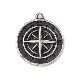304 Stainless Steel Pendants, Flat Round with Compass