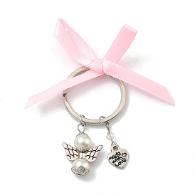 Porte-clés alliage, avec des pendentifs en alliage de style tibétain, ailier, 304 inox Anneaux ouverte, perles de nacre en verre perlé,  Porte-clés en étoile fer 