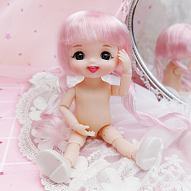 Plastic Movable Joints Action Figure Body, with Head & Blunt Bangs & Curly Hair Hairstyle, Different Expressions, for Female BJD Doll Accessories Marking, Pink