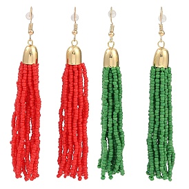 Boho Seed Bead Tassel Earrings, Iron Dangle Earring for Women, Golden