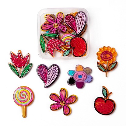 14Pcs 7 Style Transparent Acrylic Pendants, Graffiti Art, 3D Printed, Lollipop & Flower & Apple & Heart