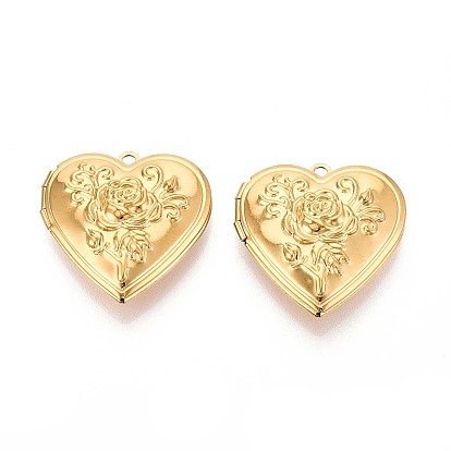304 подвески из нержавеющей стали Locket, фоторамки, Сердце со цветками , ионное покрытие (ip)