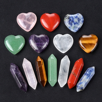 14Pcs Chakra Heart & Hexagonal Prism Mixed Natural Gemstone Healing Stones Set, Reiki Stones for Energy Balancing Meditation Therapy