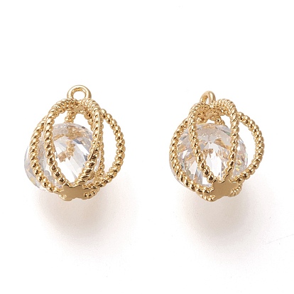 Brass Cubic Zirconia Pendants, Long-Lasting Plated, Lantern, Clear