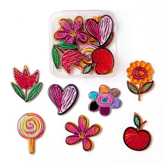 14Pcs 7 Style Transparent Acrylic Pendants, Graffiti Art, 3D Printed, Lollipop & Flower & Apple & Heart