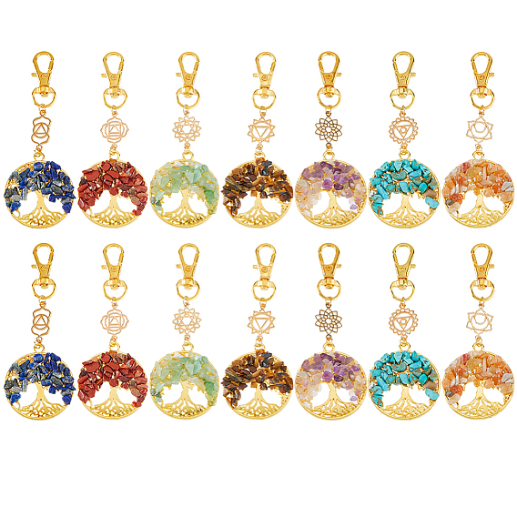 14 шт. 7 стили чакра натуральные и синтетические драгоценные камни бусины и сплав древо жизни подвески украшения, с поворотными застежками когтя омара