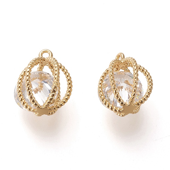 Brass Cubic Zirconia Pendants, Long-Lasting Plated, Lantern, Clear