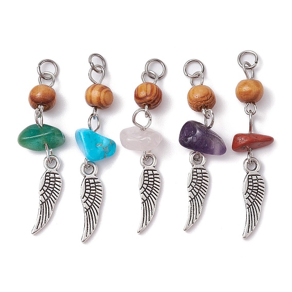 Gemstone Chip Pendants, Antique Silver Plated Alloy Wing Charms with Natural Wood Beads, Mixed Dyed and Undyed