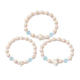 3Pcs Synthetic Turquoise & Wood & Glass Beaded Stretch Bracelets for Women, Starfish/Tortoise/Dolphin