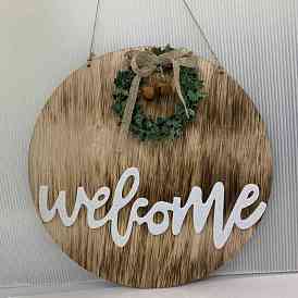 Wooden Ornaments, with Jute Twine, for Party Gift Home Decoration, Flat Round with Word