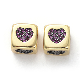 Micro-pavé en laiton perles de zircone cubique rouge violet moyen, cube avec le coeur