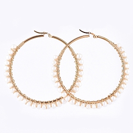 304 Stainless Steel Beaded Big Hoop Earrings, with Natural Pearl Beads, Ring
