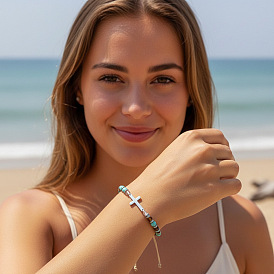 Регулируемые браслеты из нержавеющей стали с перекрестными звеньями, Браслеты, Браслеты из плетеных бусин со стеклянными ронделями для женщин