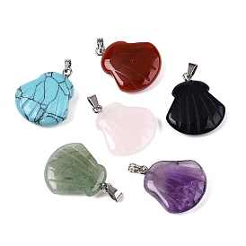 Gemstone Pendants, Shell Shaped Charms with Platinum Plated Metal Snap on Bails