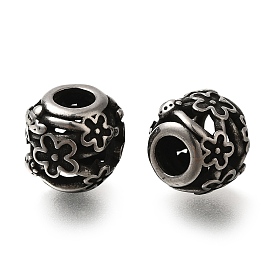 304 Stainless Steel European Beads, Large Hole Beads, Rondelle with Flower