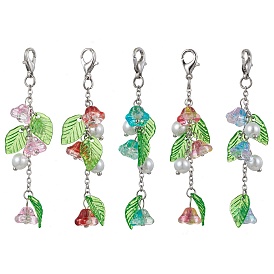 Trumpet Flower Glass & Leaf Acrylic Pendant Decorates, with Lobster Claw Clasps