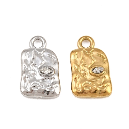 304 Stainless Steel Pendants, with Crystal Rhinestone, Hammered Rectangle Charms