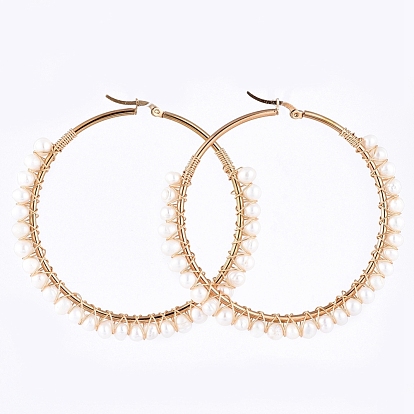 304 Stainless Steel Beaded Big Hoop Earrings, with Natural Pearl Beads, Ring
