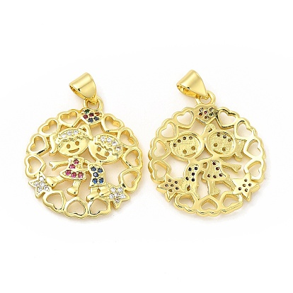 Brass Micro Pave Cubic Zirconia Pendants, Cadmium Free & Lead Free, Flat Round with Lover & Heart & Star Charms, Golden