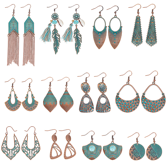 12 пара 12 стиль тибетский стиль сплав геометрия висячие серьги, серьги-подвески для женщин, овал, веер, стрелка, цветок и перо