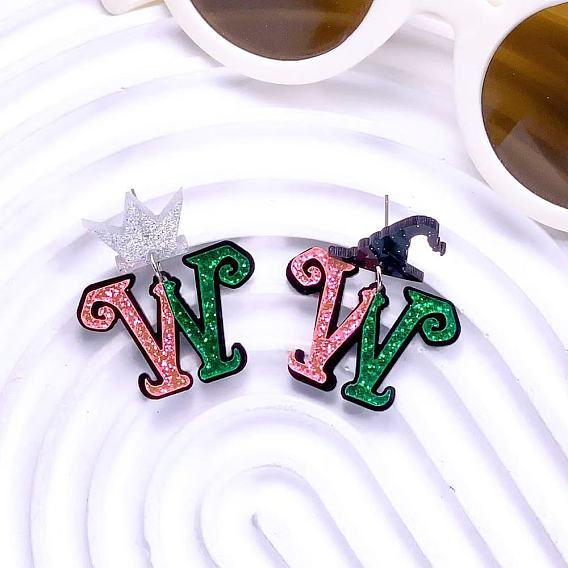 Серьги-гвоздики с акриловыми блестками и пудрой, буква w с ведьминской шляпой и короной, слева и справа