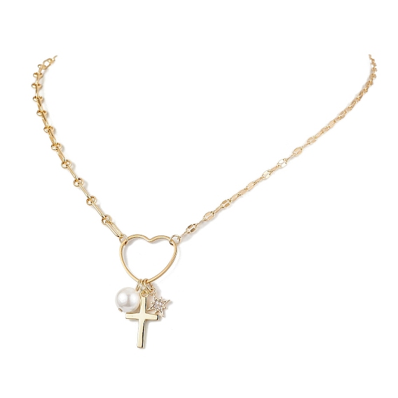 Brass with Stainless Steel Pendants Necklaces, Heart with Cross