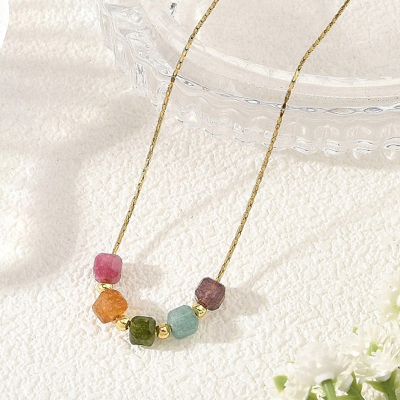 Gemstone Beaded Pendant 304 Stainless Steel Boston Link Chain Necklaces, Golden