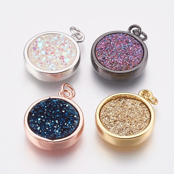 Brass Pendants, with Druzy Resin Cabochon, Flat Round