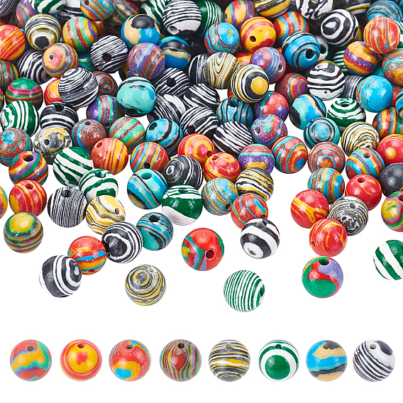 240 pcs 8 couleurs perles de malachite synthétique, teint, ronde