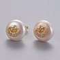 Natural Pearl Stud Earrings, with Brass Micro Pave Cubic Zirconia Findings, Flat Round with Star & Moon, Long-Lasting Plated, with Ear Nuts