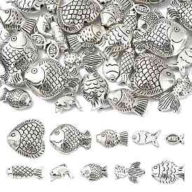 40Pcs 10 Styles Tibetan Style Alloy Beads, Fish, Cadmium Free & Lead Free