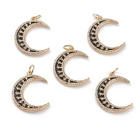 Brass Micro Pave Clear Cubic Zirconia Pendants, with Black Enamel & Jump Rings, Moon