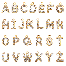 304 Stainless Steel and Rhinestone Pendants, Letter A-Z Charms, PVD Vacuum Plating, Real 18K Gold Plated/Stainless Steel Color