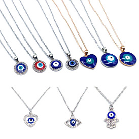Blue Turkish Eye Palm Love Necklace with Rhinestones and Oil Drops