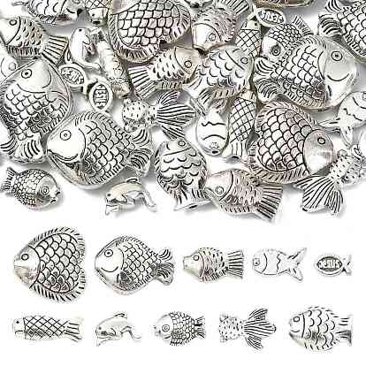 40Pcs 10 Styles Tibetan Style Alloy Beads, Fish, Cadmium Free & Lead Free