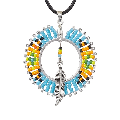 Boho Style Glass Seed Beads & Feather Alloy Pendant Necklaces, Waxed Cotton Cord Necklaces for Women