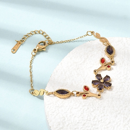 304 Stainless Steel Glass Flower Leaf Link Chain Bracelets, Ion Plating(IP), Golden
