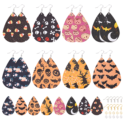 DIY 8Pairs Halloween Thened PU Leather Earring Making Kits, Including 16Pcs Big Pendants, Brass Earring Hooks, Brass & Iron Jump Rings