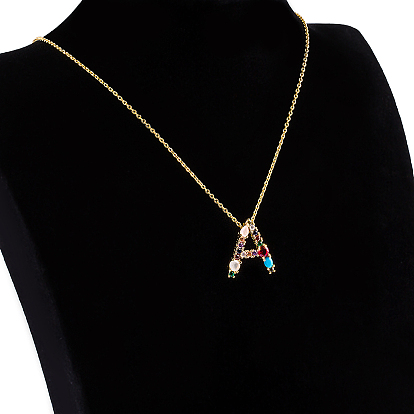 Brass Micro Pave Cubic Zirconia Initial Pendants Necklaces, with Cable Chains, Letter