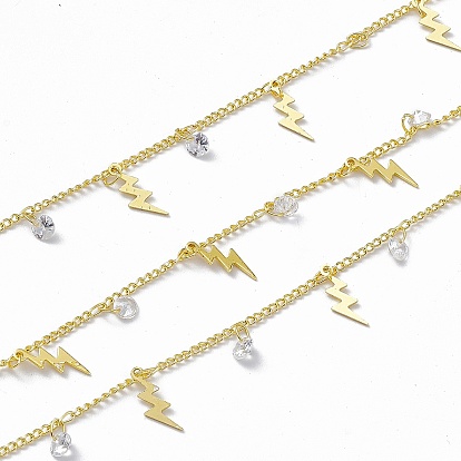 Handmade Brass Curb Chains, with Lightning & Clear Cubic Zirconia Diamond Charms, Soldered, with Spool
