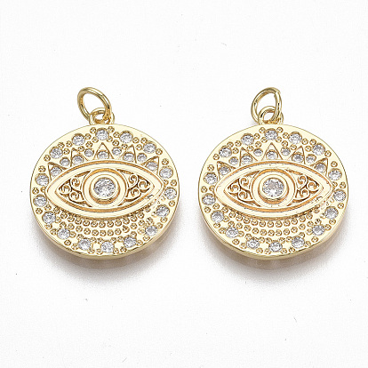 Латунные микропаве прозрачные подвески с фианитом, плоские круглые с глаз, без никеля 