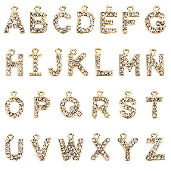 304 pendentifs en acier inoxydable et strass, breloques lettre az, placage sous vide pvd, couleur plaqué or véritable/acier inoxydable