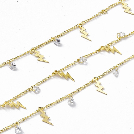 Handmade Brass Curb Chains, with Lightning & Clear Cubic Zirconia Diamond Charms, Soldered, with Spool