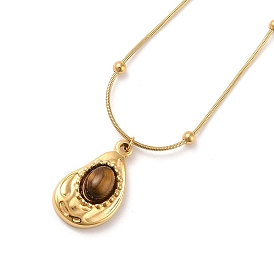 304 Stainless Steel Natural Tiger Eye Pendant Necklaces, Teardrop