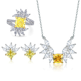 Simple Yellow Crystal Zirconia Ring Earrings Necklace Set for Women in 925 Sterling Silver