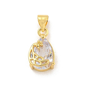 Rack Plating Brass Micro Pave Cubic Zirconia Pendants, Cadmium Free & Lead Free, Long-Lasting Plated, Teardrop with Peacock