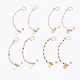 304 Stainless Steel Stud Earrings, with Clip-on Earrings and Natural Gemstone Beaded Chains, Heart, Real 18K Gold Plated