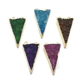 Natural Druzy Agate Pendants, Edge Golden Plated, with Golden Tone Brass Finding, Triangle, Dyed & Heated