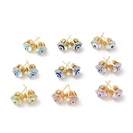 Flat Round Glass with Enamel Evil Eye Stud Earrings, Real 18K Gold Plated Brass Jewelry for Women