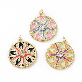 Brass Micro Pave Claer Cubic Zirconia Pendants, Real 18K Gold Plated, with Enamel and Jump Ring, Flat Round with Flower Charms